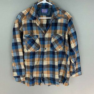 Vintage 1970's Pendleton Wool Button Down Shirt Blue Brown Size XL Made in USA